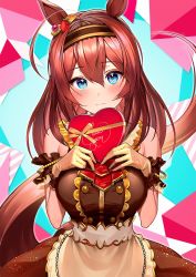 Rule 34 | 1girl, ahoge, animal ears, apron, ascot, bare shoulders, blue eyes, blush, box, breasts, brown dress, brown hair, dress, food-themed hair ornament, frown, gloves, hair ornament, hairband, hands on own chest, heart-shaped box, highres, holding, holding box, horse ears, horse girl, horse tail, kainown, large breasts, long hair, looking at viewer, mihono bourbon (code:glassage) (umamusume), mihono bourbon (umamusume), official alternate costume, orange hair ornament, red ascot, solo, strawberry hair ornament, tail, umamusume, waist apron, yellow gloves