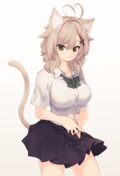 Rule 34 | 1girl, animal ear fluff, animal ears, antenna hair, black skirt, blush, bow, breasts, cat ears, cat girl, cat tail, closed mouth, collared shirt, commentary request, dress shirt, fingers together, green bow, green eyes, hair between eyes, hair ornament, large breasts, light smile, looking at viewer, natsuki teru, nekomiya ryuu, original, own hands together, pleated skirt, school uniform, shirt, short sleeves, skirt, solo, tail, tail raised, white shirt
