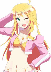 Rule 34 | 1girl, ahoge, belly chain, blonde hair, breasts, cleavage, green eyes, hand on own hip, hip focus, hoshii miki, hujikok, idolmaster, idolmaster (classic), jewelry, long hair, navel, one eye closed, simple background, solo, white background, wink