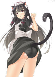 Rule 34 | 10s, 1girl, :o, alternate costume, animal ears, apron, ass, bad id, bad pixiv id, black dress, black panties, blunt bangs, blush, bow, brown eyes, cat ears, cat tail, cowboy shot, dress, enmaided, eyebrows, frilled apron, frills, from behind, hair ribbon, isokaze (kancolle), kankitsunabe (citrus), kantai collection, kemonomimi mode, looking at viewer, looking back, maid, maid apron, maid headdress, nose blush, open mouth, panties, paw pose, puffy short sleeves, puffy sleeves, red ribbon, ribbon, short sleeves, sidelocks, solo, tail, tareme, thighs, underwear, white apron, white bow