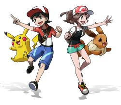 Rule 34 | 1boy, 1girl, :3, arm up, backpack, bag, black eyes, black footwear, black hair, black shirt, blue shorts, blush stickers, brown eyes, brown hair, chase (pokemon), clenched hand, colored sclera, creatures (company), eevee, elaine (pokemon), flat chest, full body, game freak, gen 1 pokemon, green shorts, hand up, happy, hat, highres, jumping, leg up, nintendo, open mouth, outstretched arm, pikachu, pokemon, pokemon (creature), pokemon lgpe, ponytail, purple sclera, red footwear, red headwear, red shirt, shirt, shoes, short hair, short shorts, short sleeves, shorts, simple background, smile, tellzeta, undershirt, white background