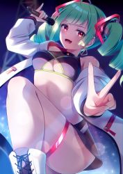 Rule 34 | 1girl, :d, absurdres, ahoge, arm up, bare shoulders, black shirt, black skirt, boots, breasts, cleavage, clothing cutout, commission, crop top, delutaya, drill hair, earrings, fang, green hair, hair ornament, highres, indie virtual youtuber, jacket, jewelry, knee up, long hair, long sleeves, looking at viewer, medium breasts, midriff, miniskirt, miso (misomiso 154), off shoulder, open clothes, open jacket, open mouth, outstretched arm, pinky out, red eyes, revealing clothes, shirt, skeb commission, skirt, sleeveless, sleeveless shirt, smile, solo, thigh strap, thighs, twin drills, twintails, underboob, underboob cutout, v, virtual youtuber, white jacket