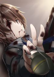 Rule 34 | 1boy, aqua eyes, blood, blood on clothes, blood on face, brown hair, explosive, girls&#039; frontline, grenade, grey jacket, hair between eyes, holding, holding grenade, jacket, light (girls&#039; frontline), looking at viewer, one eye closed, open mouth, shirt, short hair, simple background, solo, spoilers, teeth, upper body, white shirt, xlscaler