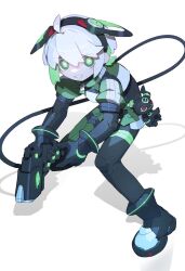 Rule 34 | 1girl, bright pupils, cable, cheri zao, cropped shirt, full body, green eyes, green hair, gun, highres, holding, holding gun, holding weapon, looking at viewer, multicolored hair, original, robot girl, shirt, short hair, simple background, solo, two-tone hair, weapon, white background, white hair, white shirt