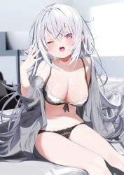 Rule 34 | 1girl, bare shoulders, black bra, black panties, blush, bow, bow bra, bra, collarbone, commentary request, feet out of frame, grey hair, grey shirt, hair between eyes, hand up, highres, indoors, kamioka shun&#039;ya, long hair, long sleeves, navel, off shoulder, one eye closed, open clothes, open mouth, open shirt, original, panties, purple eyes, shiori (kamioka shun&#039;ya), shirt, sitting, solo, teeth, underwear, upper teeth only, very long hair, yawning