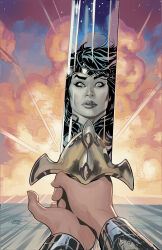 1girl black_hair blue_eyes dc_comics explosion highres holding holding_sword holding_weapon long_hair pov pov_hands reflection signature solo sword terry_dodson tiara vambraces weapon wonder_woman wonder_woman_(series)