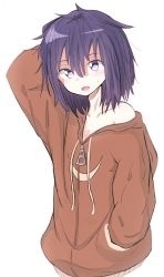 Rule 34 | 1girl, :d, absurdres, arm behind head, arm up, bare shoulders, blush, collarbone, drawstring, fang, gabriel dropout, hair between eyes, hand in pocket, head tilt, highres, hood, hoodie, looking at viewer, messy hair, off shoulder, open mouth, piyomi, purple eyes, purple hair, single bare shoulder, smile, solo, vignette tsukinose april, white background, zipper