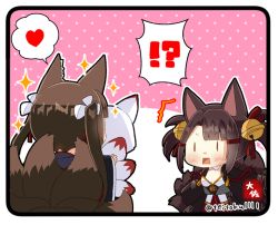 Rule 34 | !?, 2girls, akagi-chan (azur lane), amagi-chan (azur lane), animal ears, azur lane, bell, black hair, blunt bangs, breasts, brown hair, cleavage, commentary request, detached collar, doll, flat chest, fox ears, fox girl, fox tail, from behind, hair bell, hair ornament, hair ribbon, hairband, hairclip, heart, holding, holding doll, japanese clothes, kitsune, kyuubi, long hair, long sleeves, looking at another, multiple girls, multiple tails, ribbon, sidelocks, signature, simple background, sparkle, spoken heart, stuffed animal, stuffed fox, stuffed toy, surprised, tail, taisa (kari), twintails, twitter username