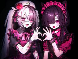 2girls 4-finger_heart_hands :d animal_ears apron artist_collaboration bandaid black_apron black_background black_hair black_ribbon black_shirt blood blush bow bowtie cat_ears choker collared_shirt commentary_request eyepatch fang frills hair_over_one_eye hair_ribbon hat heart heart-shaped_pupils heart_hands heart_hands_duo highres injury looking_at_viewer maid_apron maid_headdress medical_eyepatch medium_hair mole mole_under_eye multicolored_hair multiple_girls nervous_sweating open_mouth original pill_hair_ornament pink_apron pink_bow pink_bowtie pink_choker pink_eyes pink_nails pink_shirt ribbon sanada_kugo self-harm shirt simple_background smile split-color_hair sweat symbol-shaped_pupils twintails upper_body white_hair white_hat wrist_cutting yami_kawaii yuuri_(0914yuuri_k)