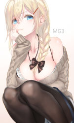Rule 34 | 1girl, absurdres, aran sweater, black pantyhose, black ribbon, blonde hair, blue eyes, blush, braid, breasts, cable knit, camisole, character name, cleavage, closed mouth, dog tags, girls&#039; frontline, hair between eyes, hair ornament, hair over shoulder, hair ribbon, hairclip, highres, jewelry, large breasts, long hair, long sleeves, looking at viewer, mg3 (girls&#039; frontline), mg3 (urban holiday) (girls&#039; frontline), necklace, off-shoulder sweater, off shoulder, official alternate costume, pantyhose, pottsness, ribbon, simple background, single braid, solo, squatting, strap slip, sweater