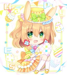 Rule 34 | 1girl, :d, animal ears, blush, bow, brown hair, chibi, commentary request, easter, egg, frilled skirt, frills, full body, green bow, green eyes, hair between eyes, happy easter, hat, hat bow, highres, holding, kneehighs, looking at viewer, open mouth, original, pennant, pleated skirt, puffy short sleeves, puffy sleeves, rabbit ears, shikito (yawa0w0), shoes, short sleeves, skirt, smile, socks, solo, string of flags, striped clothes, striped skirt, two side up, vertical-striped clothes, vertical-striped skirt, white background, white socks, wrist cuffs, yellow footwear, yellow hat