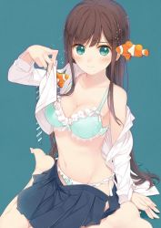 Rule 34 | amamiya chiharu, blouse, blue background, blue panties, bra, breasts, brown hair, cleavage, clownfish, fish, green background, green bra, green eyes, green panties, long hair, open clothes, open shirt, original, panties, shirt, simple background, sitting, solo, underwear, undressing, white shirt