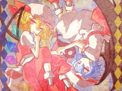 Rule 34 | 2girls, chii (tsumami tsumamare), female focus, finger to mouth, flandre scarlet, holding hands, hat, lying, multiple girls, no nose, red eyes, remilia scarlet, short hair, siblings, sisters, touhou, upside-down