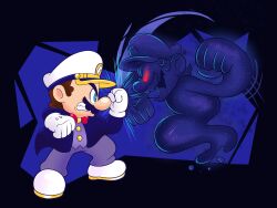 Rule 34 | 1boy, angry, battle, blue eyes, coat, evil grin, evil smile, face-to-face, facial hair, full body, gloves, grin, hat, highres, looking at another, mario, mario (series), mayo (funnyhoohooman), mustache, nintendo, original, red eyes, shadow mario, smile