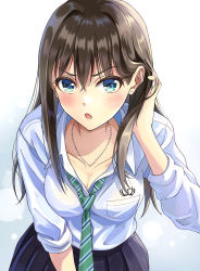 Rule 34 | 1girl, absurdres, aqua eyes, blush, breasts, cleavage, dress shirt, earrings, hand in own hair, highres, idolmaster, idolmaster cinderella girls, jewelry, long hair, long sleeves, looking at viewer, necklace, necktie, open mouth, school uniform, shibuya rin, shirt, skirt, solo, tazu, white shirt