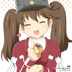 Rule 34 | 10s, 1girl, :d, ^ ^, artist name, blush, bow, brown hair, closed eyes, dated, dress, closed eyes, feeding, food, hat, head tilt, heart, incoming food, kantai collection, long sleeves, mitya, open mouth, pov feeding, red dress, ribbon trim, ryuujou (kancolle), short hair, simple background, smile, solo, steam, twintails, white background, white bow