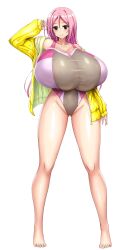 Rule 34 | 1girl, absurdres, aizawa momoka, blush, breasts, btk, colorized, gigantic breasts, heart, highres, honoo no haramase paidol my star gakuen z, huge breasts, jacket, jewelry, long hair, looking at viewer, necklace, pink hair, school swimsuit, see-through, swimsuit, tagme, thighhighs, thighs, white background, yellow eyes