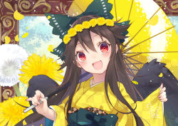 Rule 34 | 1girl, black wings, bow, brown hair, checkered clothes, checkered kimono, dandelion, flower, framed, green bow, hair bow, head wreath, headphones, highres, holding, holding umbrella, japanese clothes, kimono, long hair, long sleeves, looking at viewer, obi, oil-paper umbrella, open mouth, petals, red eyes, reiuji utsuho, sash, smile, solo, touhou, toutenkou, umbrella, unmoving pattern, upper body, wide sleeves, wings, yellow flower, yellow kimono