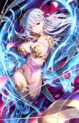Rule 34 | 1girl, armor, bikini armor, blue fire, breasts, earrings, fate/grand order, fate (series), fire, hair ribbon, jewelry, kama (fate), kousaki rui, large breasts, long hair, looking at viewer, navel, purple legwear, red eyes, revealing clothes, ribbon, ring, signature, silver hair, solo, thighs