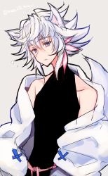 Rule 34 | 1boy, animal ears, bad id, bad twitter id, bare shoulders, black shirt, blouse, fate (series), grey background, highres, male focus, merlin (fate/stay night), mom 29 mom, purple eyes, shirt, simple background, sleeveless, sleeveless shirt, solo, white hair