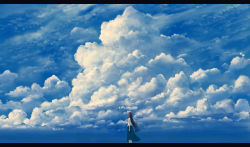 Rule 34 | 1girl, ahoge, blue skirt, blue sky, brown hair, cloud, cloudy sky, commentary request, facing away, from side, letterboxed, long hair, original, outdoors, sakimori (hououbds), shirt, short sleeves, skirt, sky, solo, standing, very long hair, white shirt