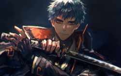 Rule 34 | 1boy, black gloves, closed mouth, collared shirt, commentary request, expressionless, fate/grand order, fate (series), fingerless gloves, gloves, grey hair, holding, holding sword, holding weapon, jacket, jhm xyz, katana, light particles, long sleeves, looking at viewer, male focus, saitou hajime (fate), serious, shirt, short hair, simple background, solo, sword, upper body, weapon