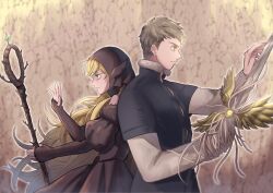 Rule 34 | 1boy, back-to-back, bare shoulders, black dress, black headwear, blonde hair, brown hair, closed mouth, dress, dungeon meshi, elf, fighting stance, fur-trimmed shirt, fur trim, green eyes, grey hair, hands up, highres, holding, holding staff, holding sword, holding weapon, hood, hood up, juliet sleeves, laios touden, layered sleeves, light brown hair, long hair, long sleeves, looking away, marcille donato, marcille donato (lord), osadabatake, pointy ears, profile, puffy sleeves, shirt, short hair, short over long sleeves, short sleeves, sleeves past wrists, spoilers, sprout, staff, sword, tentacles, upper body, very long hair, weapon, yellow eyes
