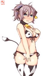 Rule 34 | 1girl, alternate costume, animal ears, animal print, aoba (kancolle), artist logo, bikini, blue eyes, blue scrunchie, breasts, cleavage, commentary request, cow ears, cow horns, cow print, cow tail, cowboy shot, dated, ear tag, fake animal ears, fake horns, front-tie top, hair ornament, hair scrunchie, highres, horns, kanon (kurogane knights), kantai collection, medium breasts, one-hour drawing challenge, ponytail, purple hair, scrunchie, short hair, simple background, solo, swimsuit, tail, white background, white bikini, white legwear