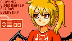 Rule 34 | 1girl, bags under eyes, blonde hair, bow, casual, cat, english text, famicom gamepad, flandre scarlet, hair bow, mima-sama, no headwear, no headwear, pixel art, red eyes, shirt, short hair, side ponytail, simple background, slit pupils, solo, touhou, upper body, wings