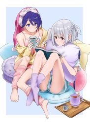 Rule 34 | 2girls, alternate costume, barefoot, blue eyes, blue hair, book, braid, commentary request, cup, doremy sweet, grey wings, hair between eyes, hat, highres, holding, holding book, holding cup, kishin sagume, looking at another, mug, multiple girls, nightcap, hugging object, off shoulder, open book, pajamas, pillow, pillow hug, purple footwear, purple legwear, reading, red eyes, short hair, silver hair, single wing, touhou, toujou (toujou ramen), wings