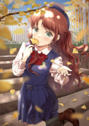 Rule 34 | 1girl, autumn leaves, black socks, blue skirt, blue sky, blurry, blurry background, blush, boots, bow, bowtie, brown footwear, clear sky, closed mouth, collared shirt, day, falling leaves, fence, ginkgo tree, holding, holding leaf, leaf, long hair, long sleeves, looking at viewer, original, outdoors, pleated skirt, reaching, reaching towards viewer, red bow, red hair, shirt, skirt, sky, smile, socks, solo, stairs, suspenders, swept bangs, unya (unya-unya), white shirt, yellow eyes
