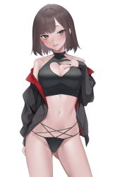 Rule 34 | 1girl, :p, bad id, bad twitter id, black jacket, black panties, blush, brown eyes, brown hair, cleavage cutout, clothing cutout, cowboy shot, crop top, hand on own chest, heart cutout, highres, jacket, kuen (kuennn12), long sleeves, looking at viewer, navel, open clothes, open jacket, original, panties, short hair, simple background, solo, standing, stomach, tongue, tongue out, underwear, white background