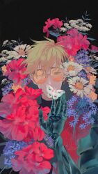Rule 34 | 1boy, artist name, black background, black shirt, blonde hair, blue eyes, bug, butterfly, coat, collared coat, commentary request, covered mouth, earrings, flower, flower request, glasses, hair between eyes, hand up, high collar, highres, insect, jewelry, male focus, matsumoto 92, mole, mole under eye, orange-tinted eyewear, prosthesis, prosthetic arm, purple flower, red coat, red flower, round eyewear, shirt, short hair, signature, simple background, single earring, solo, tinted eyewear, trigun, trigun stampede, turtleneck, undercut, upper body, vash the stampede, white flower, yellow flower