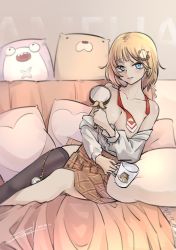 Rule 34 | 1girl, absurdres, black thighhighs, blonde hair, blue eyes, blush, breasts, chain, cleavage, coffee mug, collarbone, covering privates, covering breasts, cup, endi carrot, hair ornament, highres, hololive, hololive english, looking at viewer, loose necktie, magnifying glass, mug, necktie, no bra, off shoulder, parted lips, pillow, plaid, plaid skirt, pocket watch, short hair, single thighhigh, skindentation, skirt, thighhighs, thighs, unbuttoned skirt, virtual youtuber, watch, watson amelia, watson amelia (1st costume)