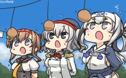 Rule 34 | &gt;:o, 10s, 3girls, :o, arms behind back, bandana, beret, blush, bouncing breasts, bread, breasts, check commentary, commentary request, dated, epaulettes, food, grey eyes, hachimaki, hamu koutarou, hat, headband, highres, kamoi (kancolle), kantai collection, kashima (kancolle), large breasts, light brown hair, multiple girls, necktie, sailor collar, silver hair, teruzuki (kancolle), twintails, v-shaped eyebrows