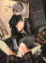 Rule 34 | 1girl, android, ass, black dress, black footwear, black gloves, black hairband, black thighhighs, blindfold, boots, breasts, closed mouth, covered eyes, cowboy shot, dress, from behind, gloves, hairband, highres, holding, holding sword, holding weapon, juliet sleeves, legs apart, lips, long sleeves, looking at viewer, looking back, medium breasts, mole, mole under mouth, nier (series), nier:automata, panties, pantyshot, pink lips, puffy sleeves, robot, short dress, short hair, silver hair, sk tori, solo, standing, sword, thigh boots, thighhighs, turtleneck, underwear, upskirt, vambraces, weapon, white panties, 2b (nier:automata)