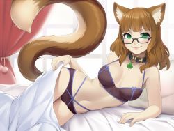 Rule 34 | 1girl, :3, animal ears, arm support, bed, bed sheet, black-framed eyewear, blunt bangs, breasts, brown hair, clover, collar, cristalavi, curtains, glasses, green eyes, highres, large breasts, long hair, looking at viewer, lying, melody (mellybyte), navel, on bed, on side, original, pillow, pink lips, solo, tail