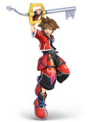 Rule 34 | 1boy, 3d, arm up, artist request, baggy pants, belt, blue eyes, brown hair, chain, cropped jacket, disney, fighting stance, fingerless gloves, full body, gloves, grey shirt, highres, holding, holding sword, holding weapon, jacket, jewelry, keyblade, kingdom hearts, kingdom hearts ii, leg up, looking to the side, male focus, mickey mouse, necklace, nintendo, official art, open clothes, open jacket, open mouth, pants, pouch, red footwear, red gloves, red jacket, red pants, shirt, shirt tucked in, shoes, short hair, short sleeves, sidelocks, simple background, solo, sora (kingdom hearts), spiked hair, standing, standing on one leg, super smash bros., sword, teeth, transparent background, v-shaped eyebrows, weapon, wide sleeves, zipper, zipper pull tab
