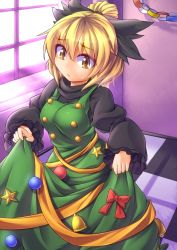 Rule 34 | 1girl, :/, adapted costume, bell, blonde hair, bow, checkered background, checkered floor, christmas ornaments, clothes lift, dress, dress lift, female focus, fun bo, hair bow, kurodani yamame, short hair, solo, star (symbol), sweatdrop, touhou, yellow eyes