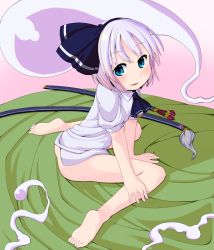 Rule 34 | 1girl, barefoot, blue eyes, bottomless, feet, female focus, ghost, hairband, highres, katana, konpaku youmu, konpaku youmu (ghost), muku (muku-coffee), sheath, sheathed, short hair, silver hair, sitting, smile, soles, solo, sword, toes, touhou, wariza, weapon