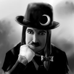Rule 34 | 1boy, bad id, bad pixiv id, charlie chaplin, cosplay, crescent hat ornament, crescent moon, facial hair, greyscale, hat, hat ornament, head rest, looking at viewer, lowres, male focus, monochrome, moon, mustache, parody, patchouli knowledge, patchouli knowledge (cosplay), solo, touhou, tsuyuki, tsuyuki (yukitgraph), upper body, what