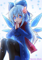 Rule 34 | 1girl, aged up, ahoge, alternate costume, alternate hair length, alternate hairstyle, black pantyhose, blue eyes, blue hair, blush, bow, cirno, coat, contemporary, hair bow, hair ornament, highres, ice, ice wings, long hair, open mouth, own hands together, pantyhose, scarf, snowflakes, solo, touhou, twitter username, wings, winter clothes, winter coat, yurume atsushi