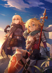 2girls ahoge armor black_gloves black_hairband black_pants black_shorts blonde_hair blue_eyes blue_sky boots breastplate cape closed_mouth cloud day faulds floating_hair gloves green_eyes grey_jacket guardian_tales hairband highres jacket knee_boots long_hair medium_hair multiple_girls outdoors pants red_tunic shield short_shorts shorts shoulder_armor sitting sky smile standing thigh_strap torn_clothes torn_shorts tunic very_long_hair werkbau