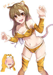 Rule 34 | 2girls, absurdres, animal print, anzo (anzu elichi0928), arms up, bare shoulders, blush, breasts, brown eyes, brown hair, chinese zodiac, cleavage, d4dj, detached sleeves, fang, fur trim, hair between eyes, highres, hood, inuyose shinobu, long hair, medium breasts, multicolored hair, multiple girls, navel, open mouth, pink hair, sound effects, standing, swimsuit, tail, thighhighs, tiger print, two-tone hair, white background, yamate kyouko, year of the tiger