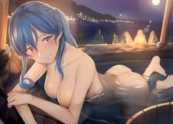 Rule 34 | 1girl, ass, bad id, bad pixiv id, bathing, blue eyes, blue hair, blush, breasts, city lights, commentary request, completely nude, full moon, gotland (kancolle), hair between eyes, hair bun, head tilt, kantai collection, leaning, long hair, looking at viewer, medium breasts, mole, mole under eye, moon, night, nude, onsen, pallad, shiny skin, single hair bun, smile, solo