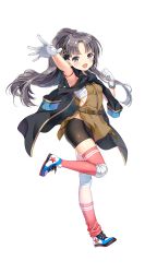 Rule 34 | 1girl, bandages, bike shorts, black hair, blush, bracelet, copyright request, fang, formation girls, full body, gloves, hair ornament, hairclip, highres, jacket, jewelry, kamura poku, kanbayashi fuuko, long hair, looking at viewer, military jacket, official art, open mouth, outstretched arm, pentagram, sarashi, smile, solo, star (symbol), thighhighs, transparent background, white gloves