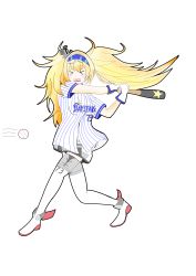 Rule 34 | 1girl, absurdres, alternate costume, baseball, baseball bat, baseball jersey, blonde hair, blue eyes, boots, breasts, gambier bay (kancolle), ganbaruzoi, gloves, hair between eyes, hairband, highres, jersey, kantai collection, large breasts, multicolored clothes, multicolored gloves, nippon professional baseball, rx178x0, shorts, solo, thigh boots, thighhighs, twintails, white thighhighs, yokohama dena baystars