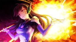Rule 34 | 10s, 1girl, 2016, animal print, artist name, backlighting, bodysuit, breasts, brown eyes, brown hair, commentary, cowboy shot, d.va (overwatch), dated, explosion, facepaint, facial mark, gloves, head tilt, headphones, high collar, kanucone, long hair, looking away, medium breasts, overwatch, overwatch 1, pilot suit, rabbit print, ribbed bodysuit, signature, skin tight, solo, swept bangs, taut clothes, upper body, whisker markings, white gloves