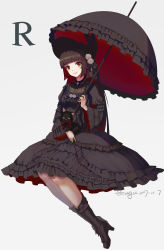 Rule 34 | 1girl, absurdres, animal, animal on lap, artist name, black cat, black dress, black footwear, black hair, black umbrella, blunt bangs, boots, cat, cat on lap, cross-laced footwear, cross hair ornament, dated, dress, flower, frills, full body, gothic lolita, gugu (mirukai), hair flower, hair ornament, high heel boots, high heels, highres, holding, holding umbrella, lolita fashion, looking at viewer, miracle nikki, multicolored hair, on lap, parasol, red eyes, red hair, simple background, sitting, smile, solo, two-tone hair, umbrella, wide sleeves