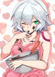 Rule 34 | 1girl, absurdres, apron, bare shoulders, blush, breasts, chocolate, chocolate on face, cleavage, facial scar, fate/apocrypha, fate/grand order, fate (series), finger to mouth, food, food on face, frills, green eyes, hair between eyes, heart, heart background, highres, jack the ripper (fate/apocrypha), looking at viewer, mixing bowl, mizuno tera, one eye closed, pink apron, scar, scar across eye, scar on cheek, scar on face, short hair, shoulder tattoo, small breasts, solo, tasting, tattoo, valentine, white background, white hair